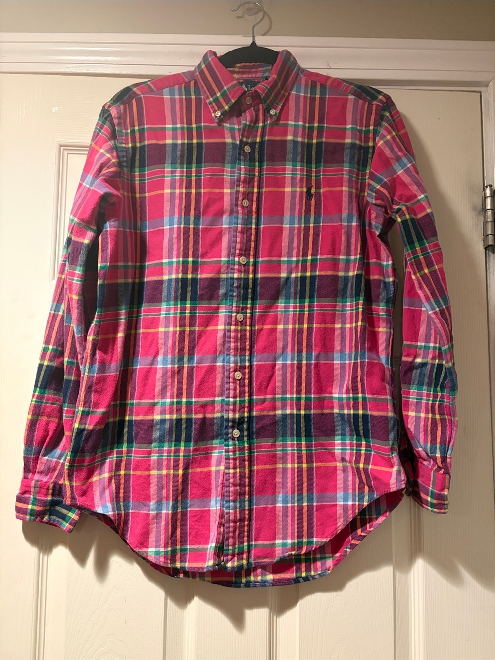 Ralph Lauren Button-Down Cotton Flannel Shirt in Pink Plaid S *Call out!*